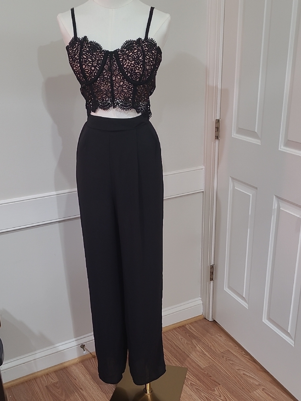 Blashe Cut-Out Design Black Lace Jumpsuit with Cream Underlay Bodice - Size L